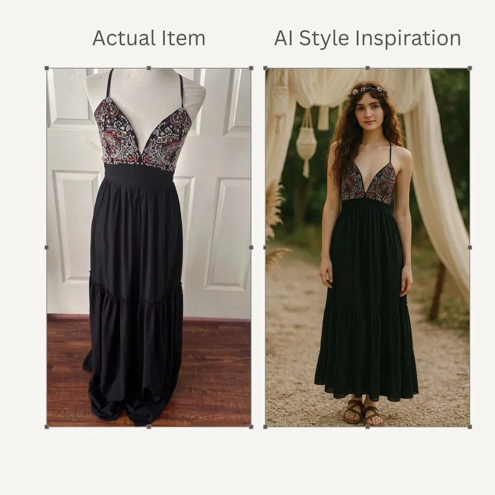 Abercrombie Fitch Womens Boho Embroidered Maxi Dress Medium Black Festival Style